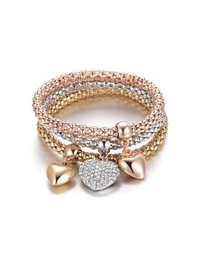 Triple Heart Charm Bracelet Set - Tri-Tone